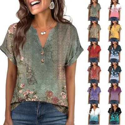 Women's Fashionable Casual Loose-Fit Short-Sleeved Button-Up V-Neck Printed T-Shirt Top