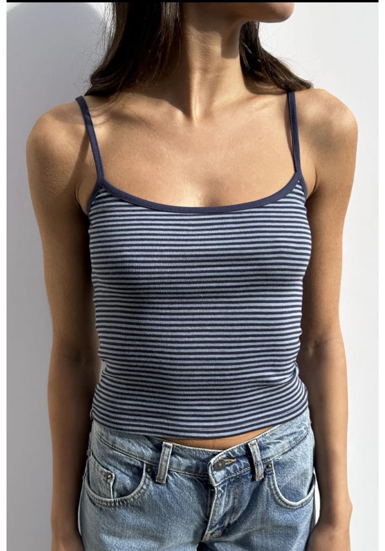 American Spicy Girl Striped Slim-Fit Cropped Camisole - Fashionable Summer Tank Small синий
