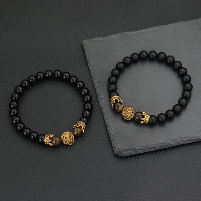 Retro Lion Bracelet For Men 8mm Onyx Obsidian Stone Beaded Braslet Viking Accessories Pulseras Hombre Cool Riding Hand Jewelry