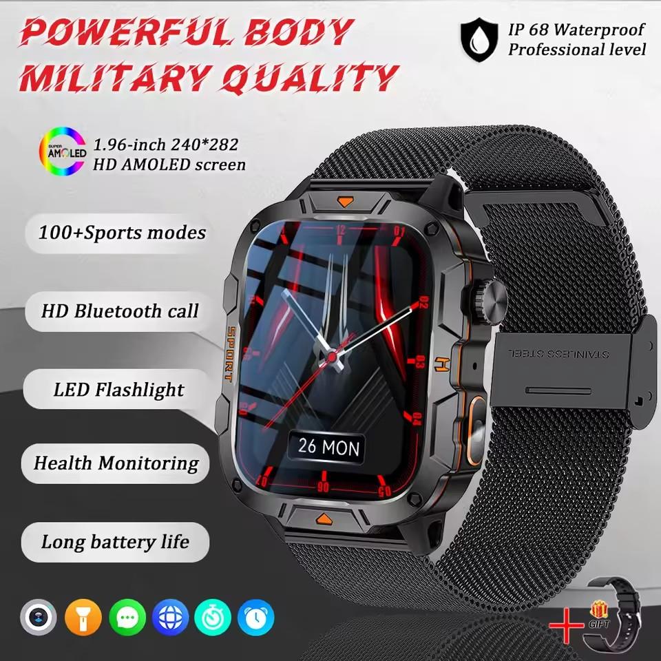 2025 New Military Grade Smart Watches Men 1.96" AMOLED 5ATM Waterproof Sports FitnessTracker BT Call Smartwatches Women For IOS