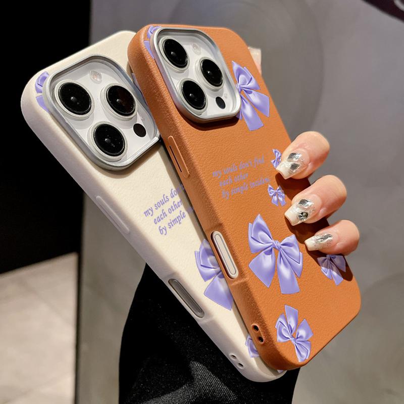 Purple Bowknot Print TPU Leather Texture Slim Magnetic Case For iPhone 16 Pro Max 15 14 Pro 13 12 11 for MagSafe Matte Shockproof Soft Phone Cover