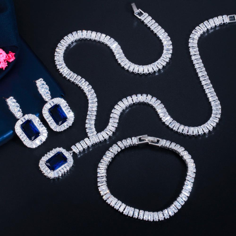 T Square Zircon Necklace Earrings Bracelet Set Bridal Jewelry Dress Accessories Three-Piece Set