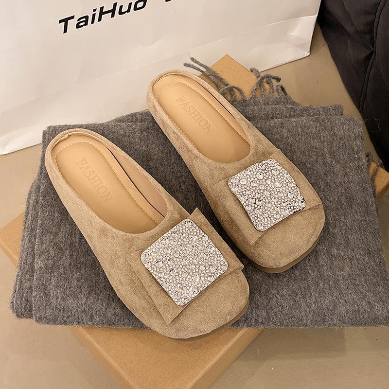 Baotou half slippers women's outer wear summer new one pedal with skirt rhinestone flat bottom sandals