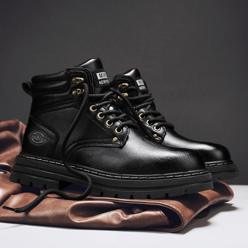 Fashion Autumn Winter Motorcycle Boots Handmade Vintage Mens Walking Shoes Casual Leather Ankle Boots Round Toe Lace-up Outdoor Footwear