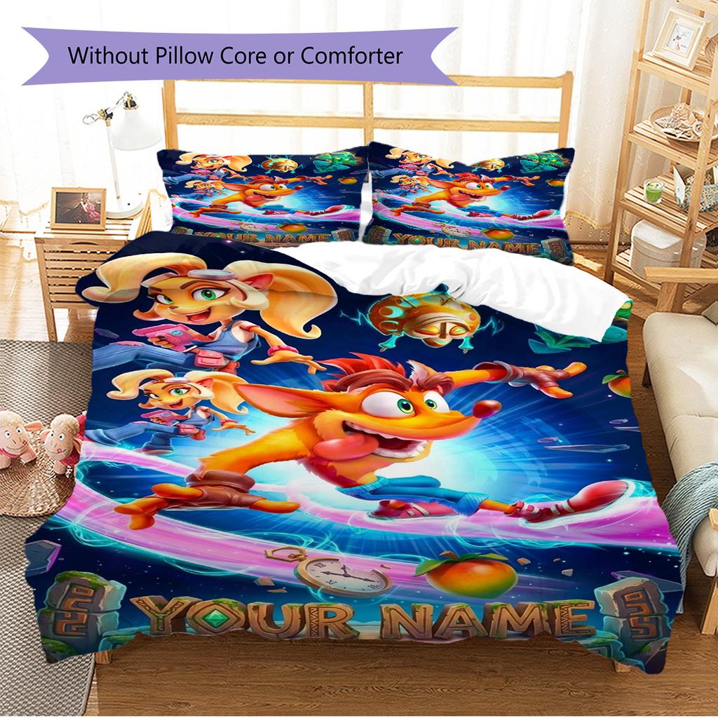 Name Custom Crash Bandicoot Pattern Bedding Set Quilt Cover Pillowcase Home Decor Gift (1 * duvet cover + 2 * pillowcase, without core)
