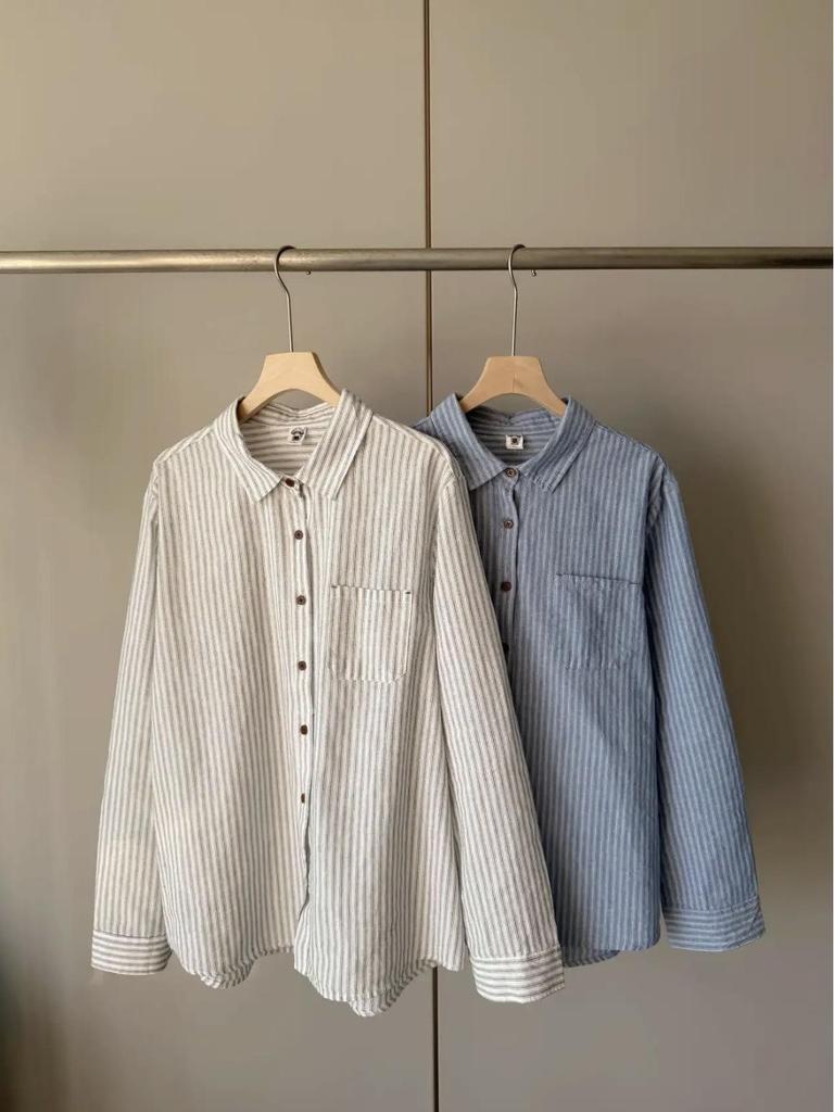Korean Style Vertical Stripe Cotton Shirt - Retro, Casual, Slimming, Long-Sleeved, Age-Reducing