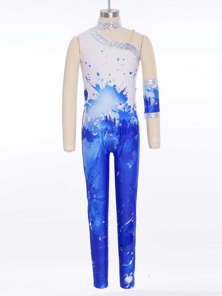 Girls Shiny Sequins Printed Gymnastics Jumpsuit: Sleeveless Asymmetrical Bodysuit Full Length Leotard 1Pc Glove for Figure Skating Dance Performance