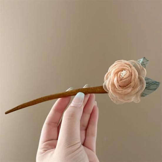 Hair Stick 3D Mesh Yarn Rose Flower Decor Bun Hair Stick Easy to Wear Hair Organizer Clip Hair Styling Accessory