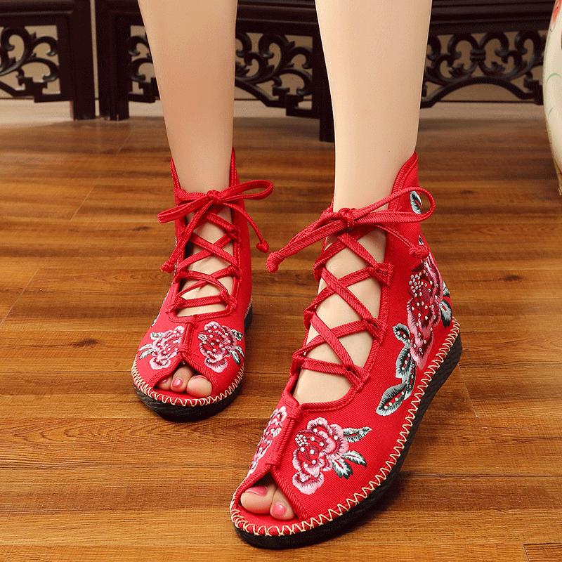 

Veowalk Handmade High Top Women Canvas Flat Gladiator Sandals Open Peep Toe Summer Cotton Embroider Lace Up Shoes Sandials Mujer 34 красный