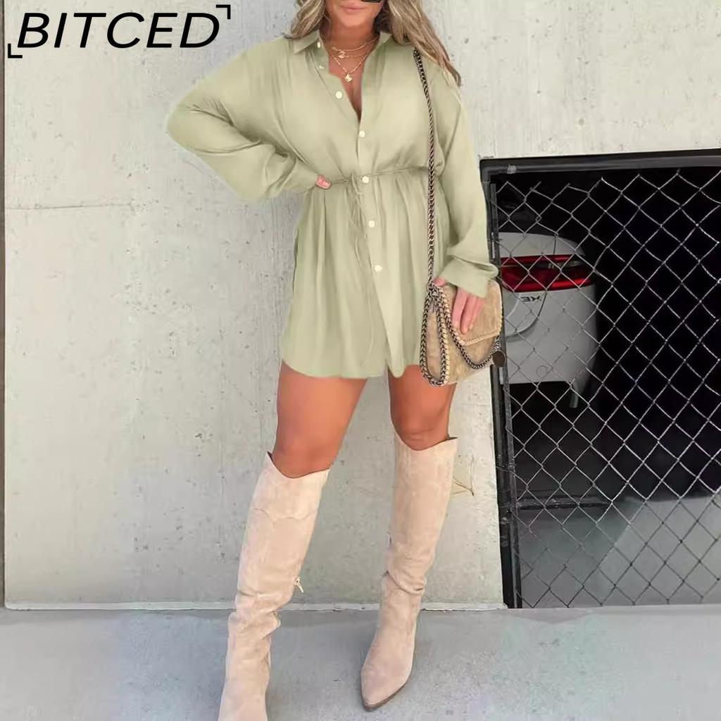 BITCED Autumn Women's Fashion Solid-Colour Long-Sleeved Shirt and Trousers Set