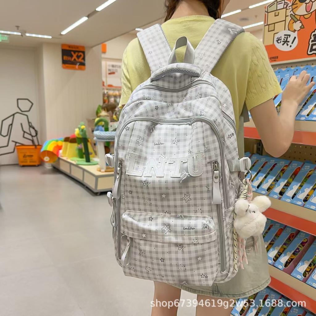 Schoolbag new Japanese plaid backpack female student schoolbag cute star printing light large capacity backpack girl style