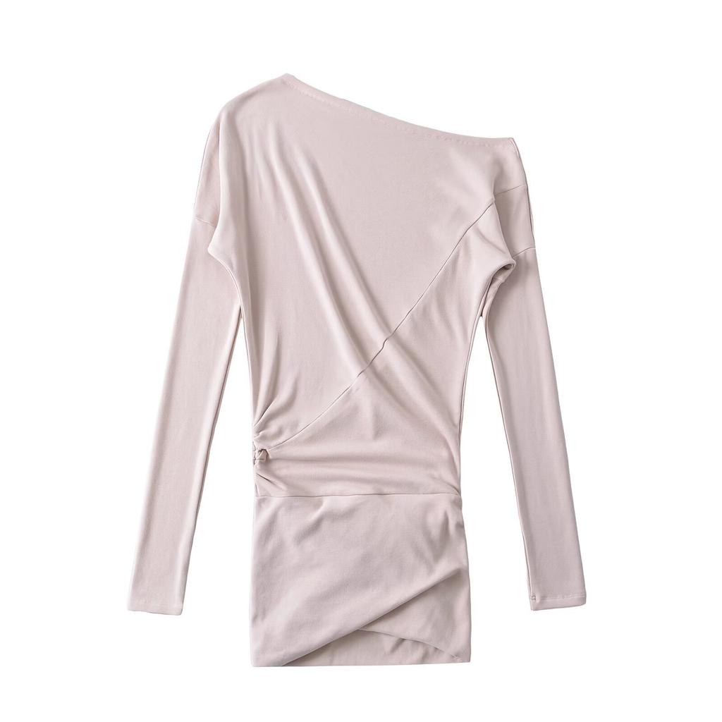 American vintage off-shoulder asymmetrical long-sleeve dress for women, new autumn pure and alluring spicy girl waist-cinching slimming pencil skirt