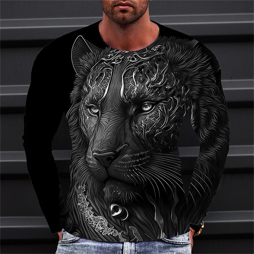 

2024 Autumn 3D Animal Print T-shirt Men s Clothing O-neck Long sleeved Top Casual Street T-shirt 5XL