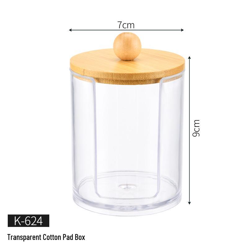

Прозрачная круглая коробка для хранения с бамбуковой крышкой для ватных палочек, спонжей для макияжа и средств для снятия макияжа