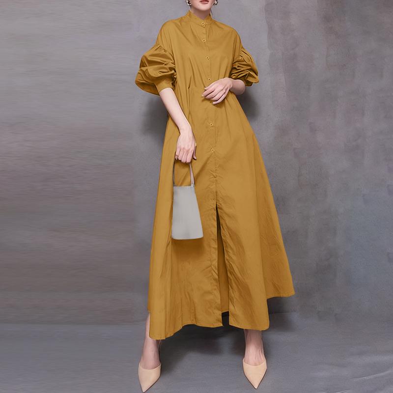 

ZANZEA Women Autumn Casual Stand Collar Loose Long Sleeve Long Dress L жёлтый