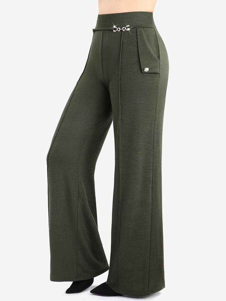 Rosegal Plus Size Pintuck Buckles Waist Pockets Buttons Wide Leg Pants
