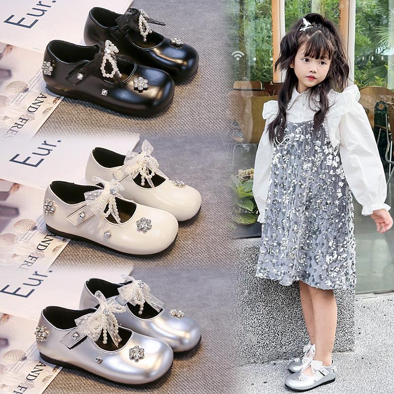 Kids Dance Shoes Round Toes Lace Bows Sweet Girls Princess Shoes Beading Shiny Crystal 2025 New Children Flats Performance Trend