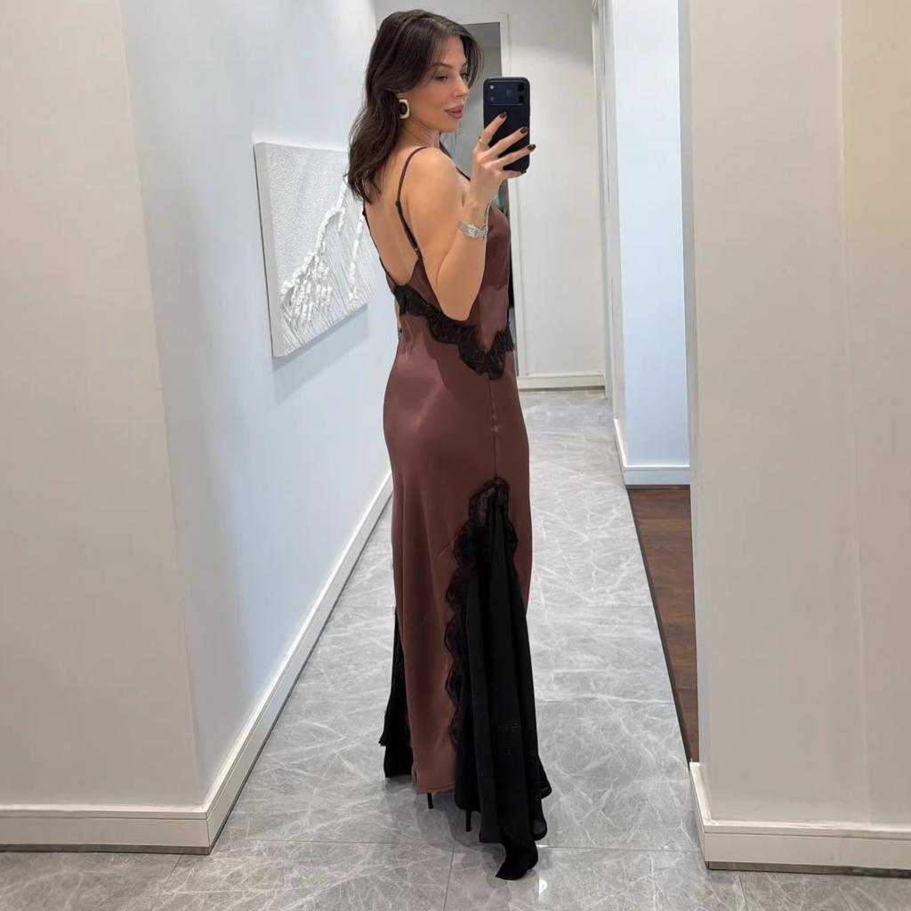 Women's new spring sexy lace suspender dress fashionable splicing satin floor mopping dress women