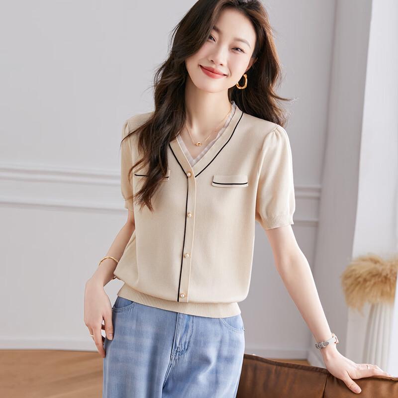 Chic Silk Blend V-Neck Knit Short Sleeve Top