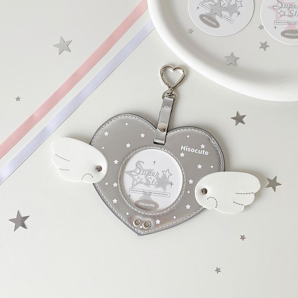 Durable Waterproof Pendant Keychain Angel Wings Clear Window Photocard Holder Pu Leather Badge Holder