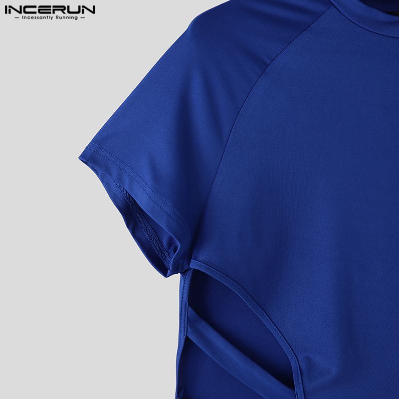 INCERUN Men Short Sleeve Hollow Bandage Fitted Jumpsuits Romper Homewear