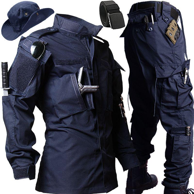 Męski ciemnoniebieski taktyczny garnitur treningowy outdoor: Odporna na ścieranie bojowa kurtka softshellowa
