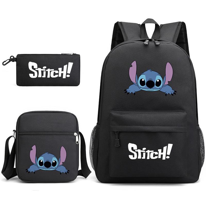 Set Zaino Borsa a Spalla Astuccio Cartone Animato 3-in-1 Zaino Studente Nero Grande Capacità Resistente all'Acqua per Scuola Media Superiore Università