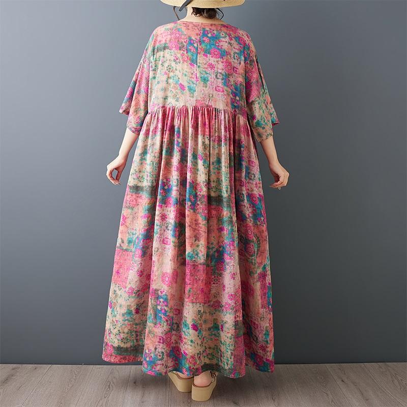 Κοντό μανίκι Plus size Βαμβακερό vintage φλοράλ νέο σε φορέματα για γυναίκες casual φαρδύ μακρύ καλοκαιρινό φόρεμα