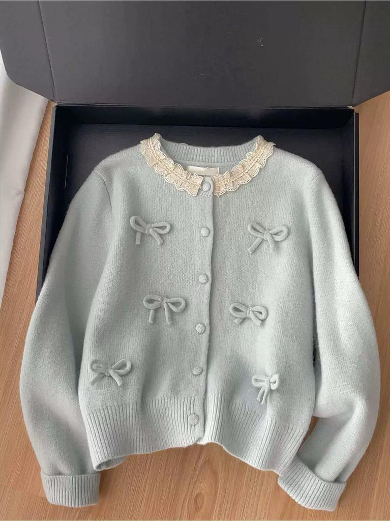 Korean Sweet Bow Knot Knit Cardigan with Lace Collar - Women's Trendy Spring/Autumn Sweater