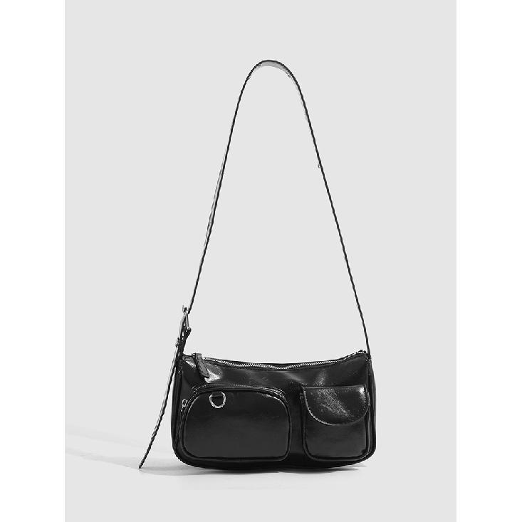 

2025 New Korean INS Niche Design Personality Multi-Pocket Oil Wax Leather Single Shoulder Bag Versatile Crossbody Underarm Bag чёрный