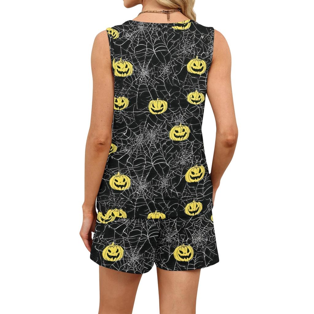 Women's Two Piece Summer Set Sleeveless Tank Top with Square Neck and Casual Shorts with Pockets Lightweight Lounge Outfit
