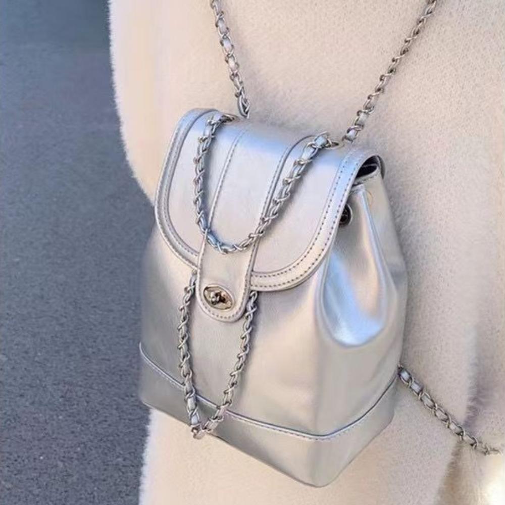 All Match Oil Wax Leather Schoolbags Ins PU Leather Backpacks Solid Color Chain Backpack  Winter