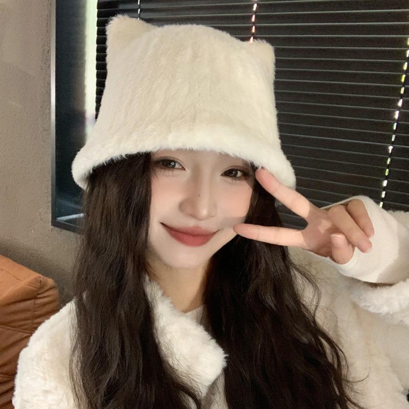 Bear Hat Female Plush Cute Winter Warm Bucket Hat Big Head Circumference Showing Face Small Bucket Hat Tide