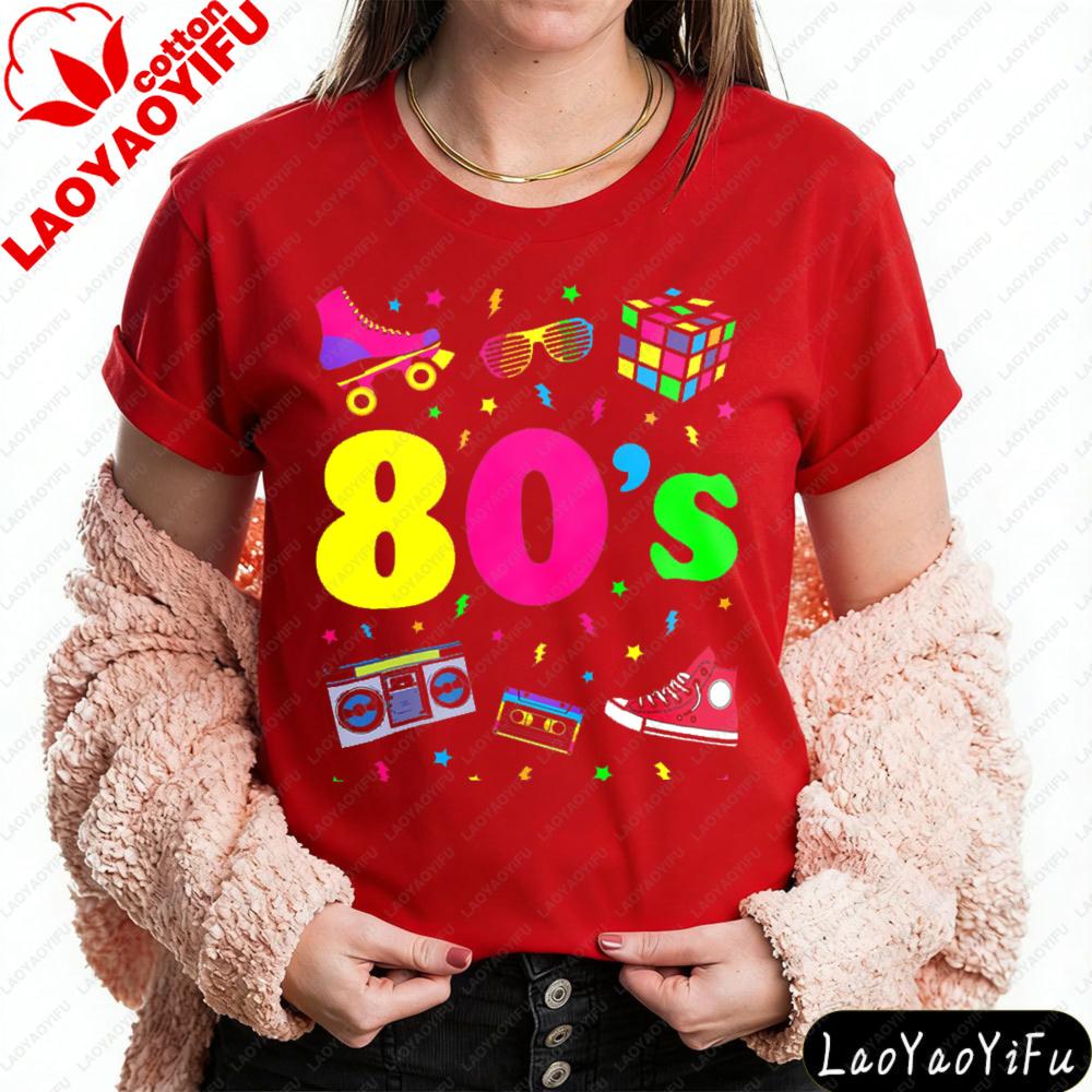 Colorful 80s Icons And Text Design Shirt Retro 80s Style Unisexs TShirt Vintage Themed Parties Ideal Tshirt Daily Life Tops