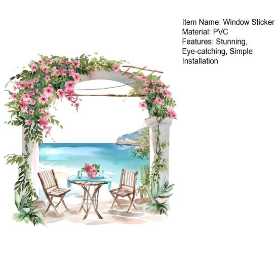 Summer Beach Window Cling Coastal Theme Flowers Bistro Set Static Glass Sticker Reusable PVC Decals for Home Bathroom Kitchen Decor