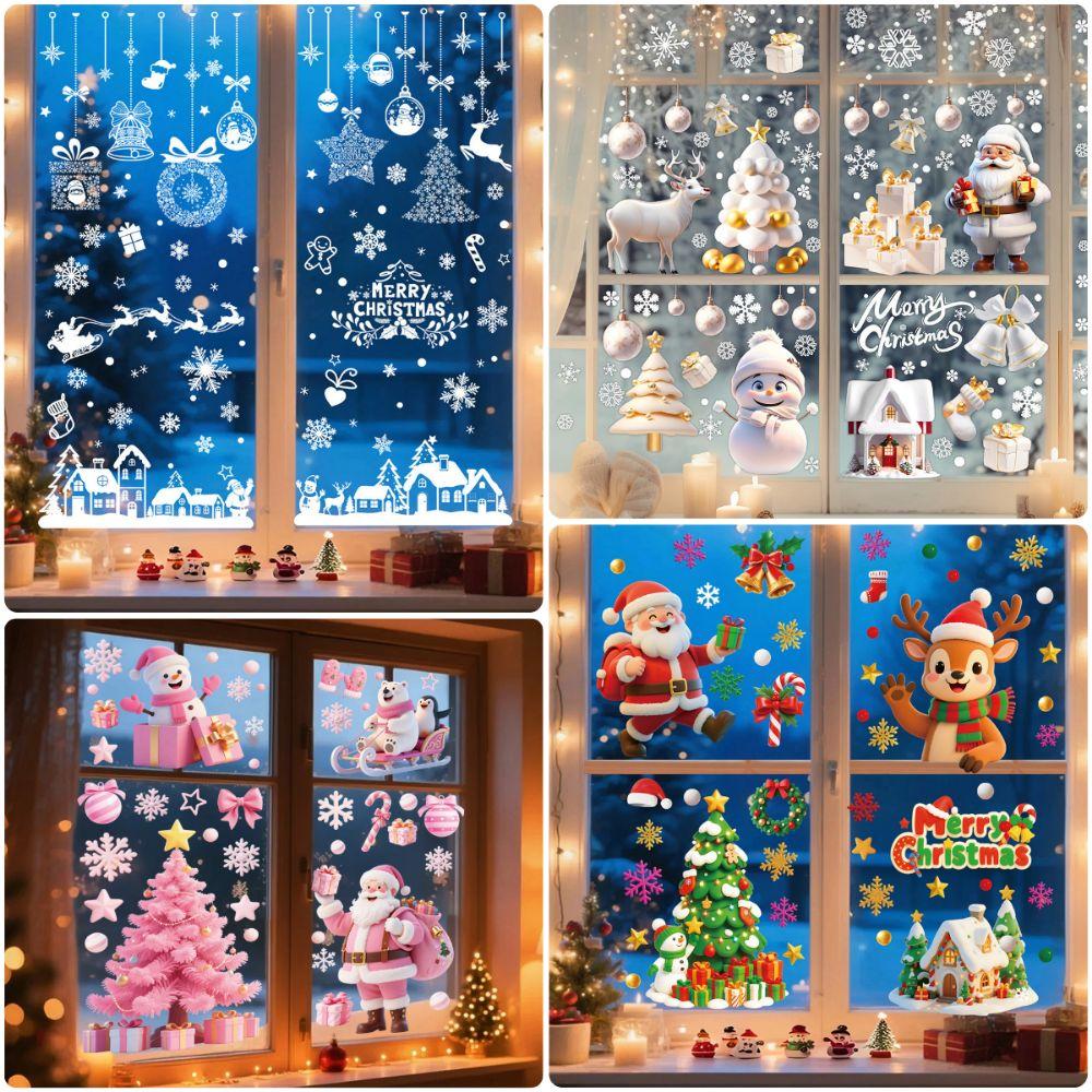 9PCS/Set Electrostatic Cartoon Santa Glass Decals Decorative Static Sticker  Home Decoration