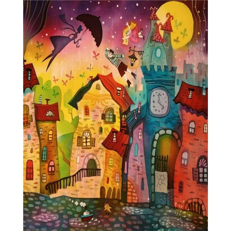 Malowanie diamentowe Różowy kwiat Pełne okrągłe diamentowe haftowanie Kolorowy dom Krajobraz Haft krzyżykowy Dekoracja domu