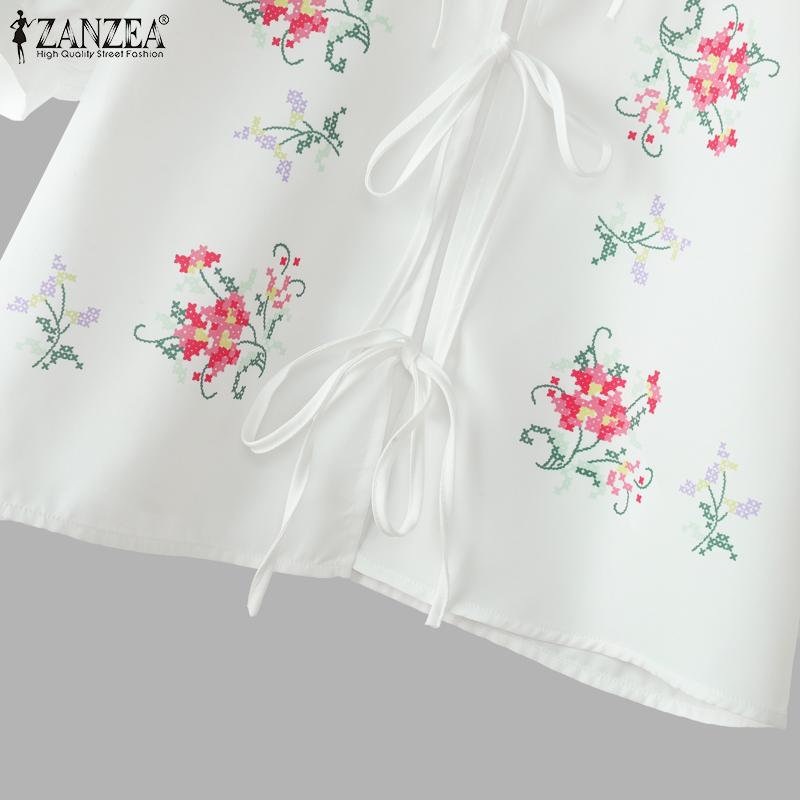 ZANZEA Women Casual Short Sleeve Floral Print Lace Up Cover Up Blouse