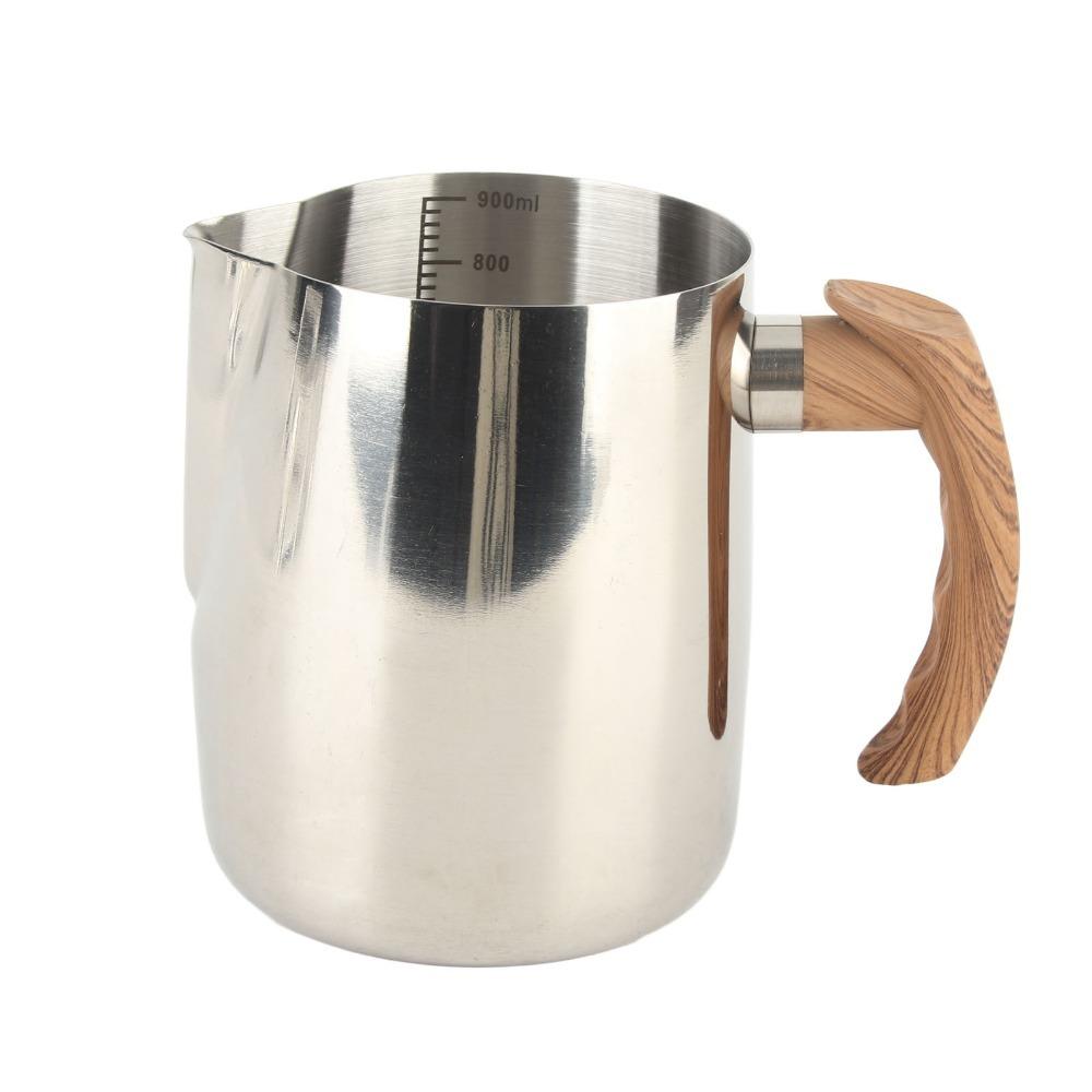 304 Stainless Steel Milk Frothing Cup Inner Scale Dripless Spout Stainless Steel Frothing Cup Wooden Handle серебряный
