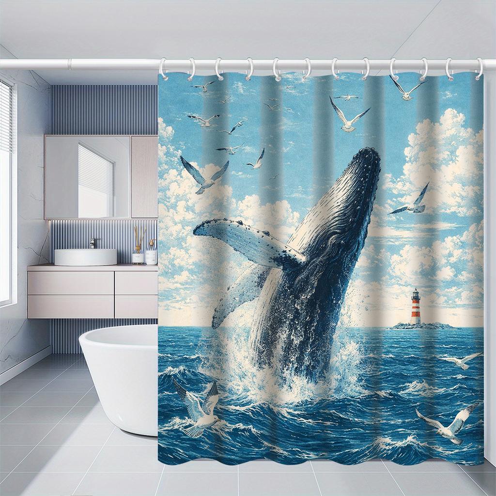 Tenda da Doccia con Illustrazione di Balena che Salta dall'Oceano 1 Pezzo con 12 Ganci per Bagno Decorazione per la Casa Poliestere Stampa Piatta 2D 70,8X70,8 Pollici