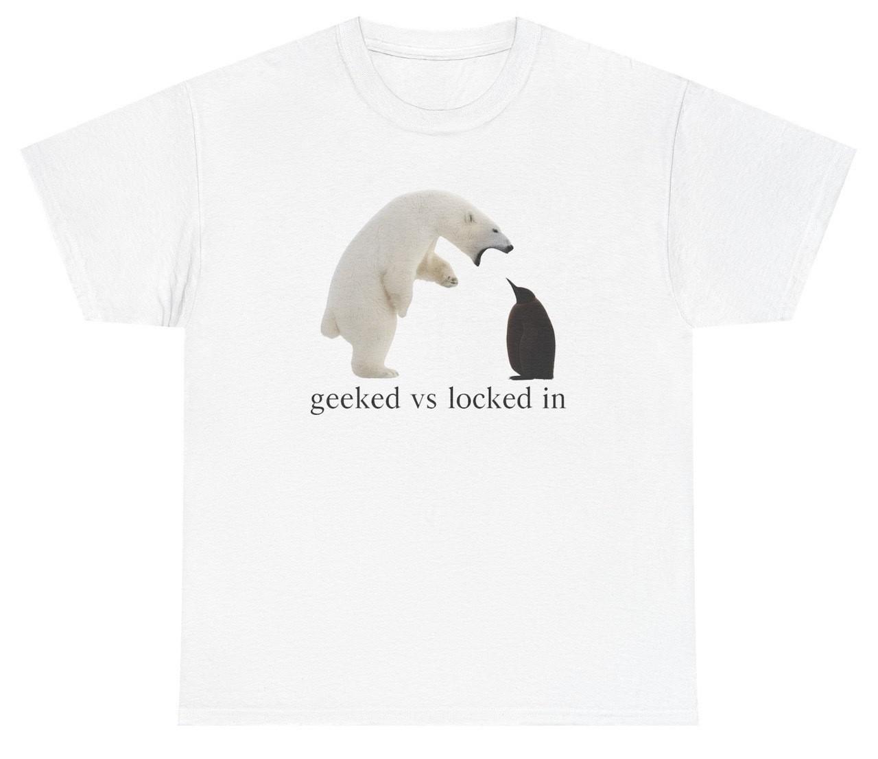 Geeked Vs Locked In T Shirt Polar Bear Graphic Meme Tee S