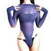 Women Sexy Bodysuit High-Fork Oil Shiny Glossy Five-Finger Swimsuit Ultra-Thin Silky Open Crotch Long-Sleeved Bodysuits