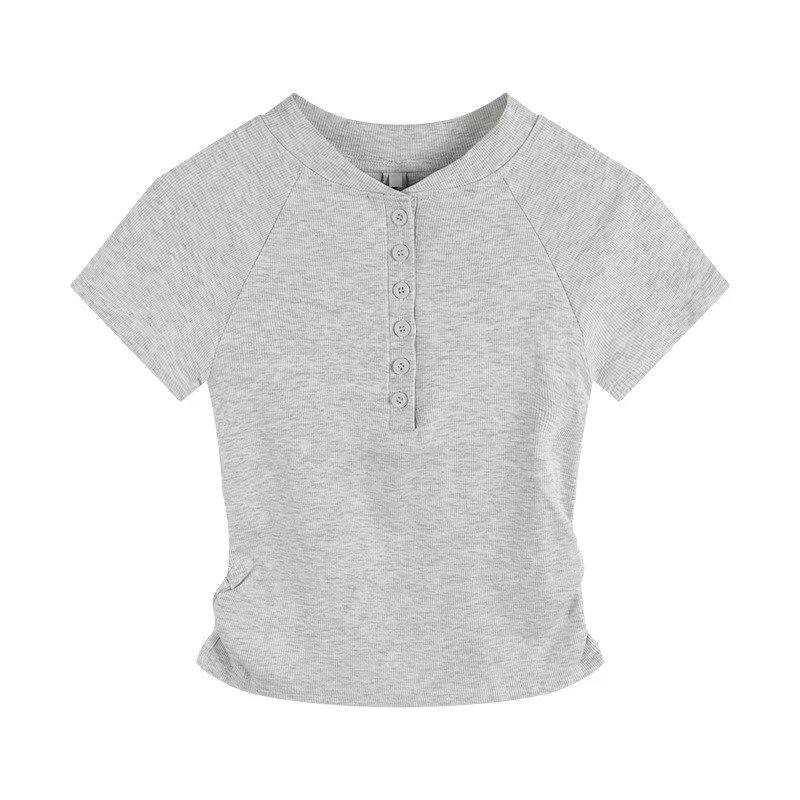 Design Sense Henry Collar Light Gray Short-sleeved T-shirt Women's Summer New Korean Slim-fitting Thin Button-up Top