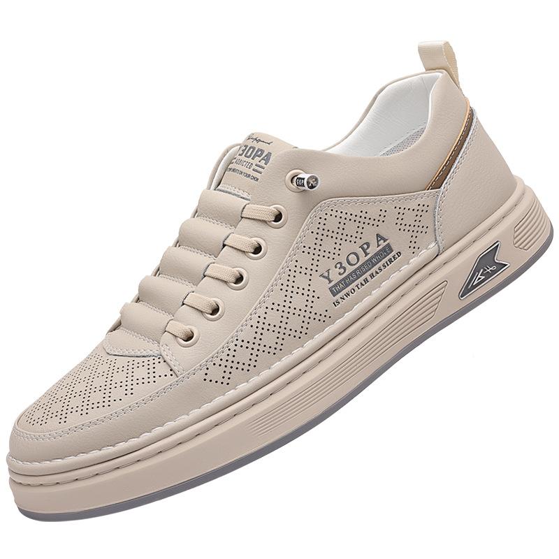 Men's shoes 2025 summer new soft leather breathable hollow board shoes one pedal hole leather shoes sports and leisure white shoes