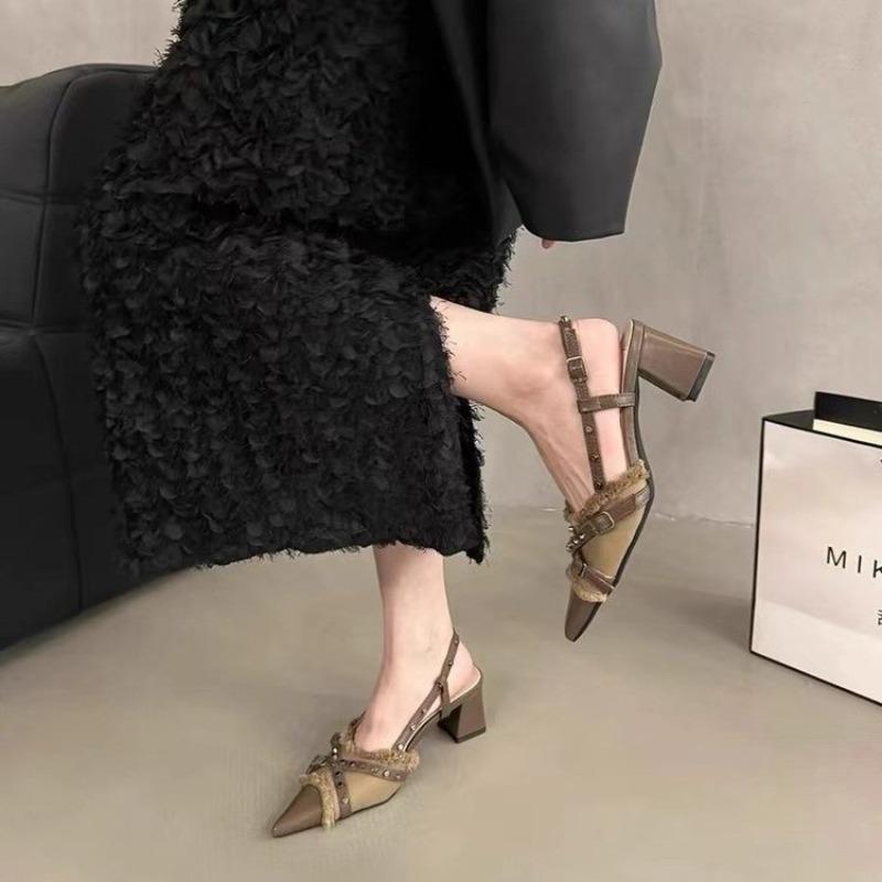 New Style Sexy Fashionable T-Strap Ladies Heels Shoes Female Slides Pointed Toe Mules Rivet Women Thin High Heels Shoes Footwear