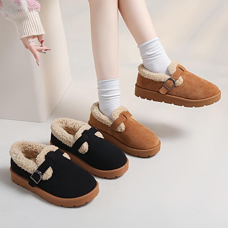 Cozy Fleece-Lined Ankle Boots - Women's Casual Mid Heel Platform Shoes - Round Toe Fabric Upper, Rubber Sole for Winter Warmth with Buckle Closure