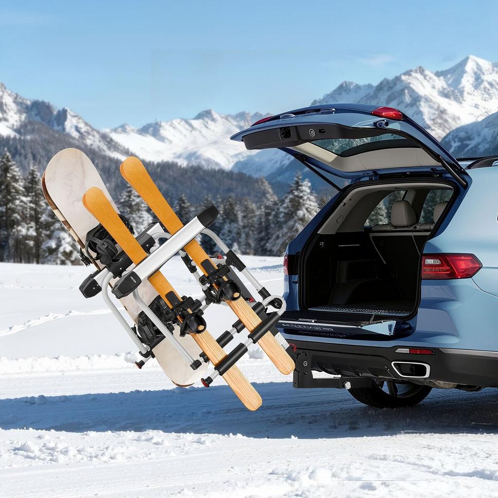 Hitch Mounted Ski & Snowboard Rack, Fits 50 Mm Receiver, Carries Up To 6 Pairs of Skis or 4 Snowboards, Hitch-Mounted Rack for Car with Key Lock,