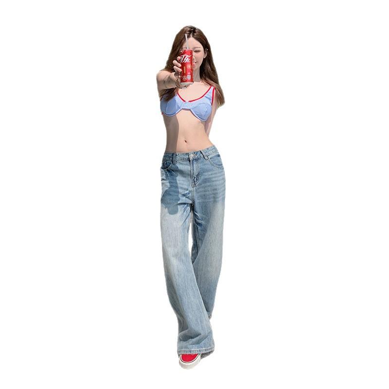 American retro washed wide-leg pants summer and autumn new high-waisted loose wide-leg pants versatile straight-leg women
