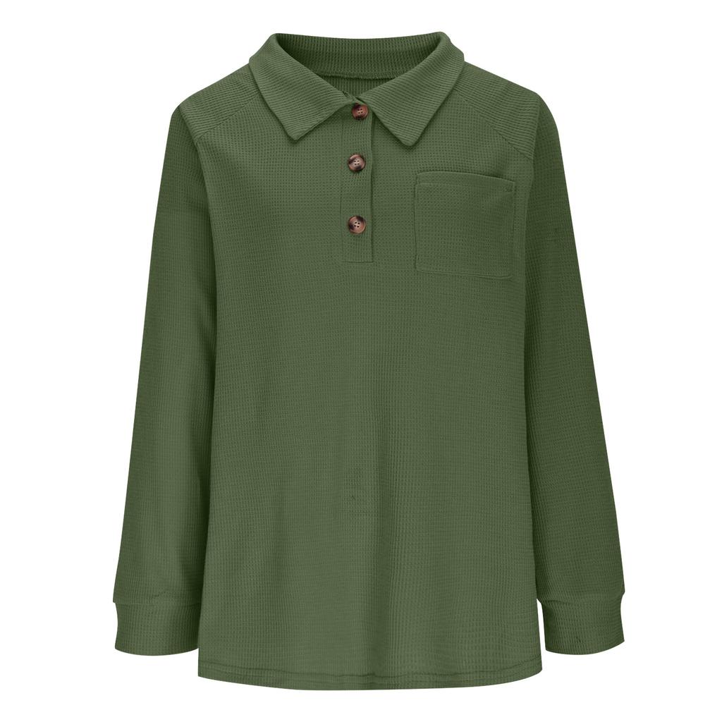 Women's Fashion Long-Sleeve Solid-Color Collared T-Shirt With Button-Up Front And Pocketed Casual Sweatshirt Top