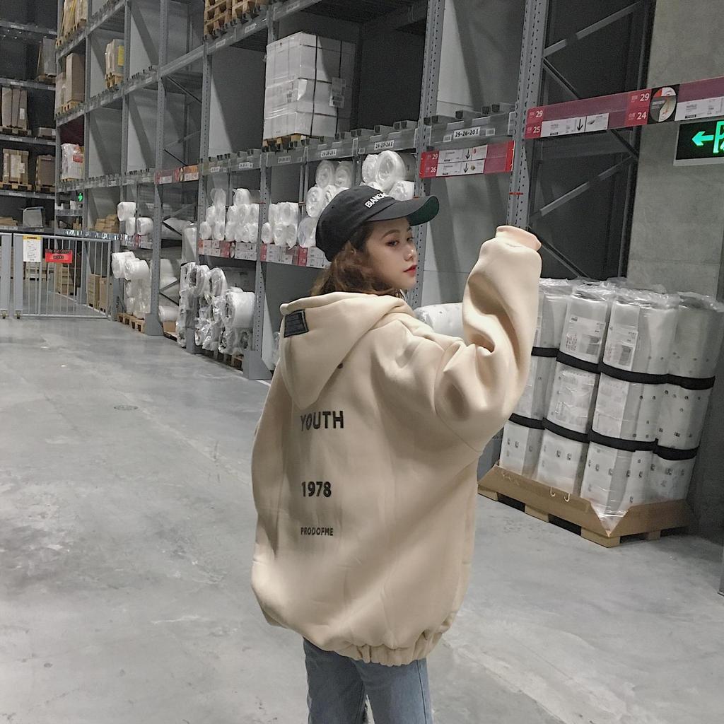 2020 Korean Style Thick Fleece-Lined Hooded Zip-Up Mid-Length Sweatshirt Jacket for Women